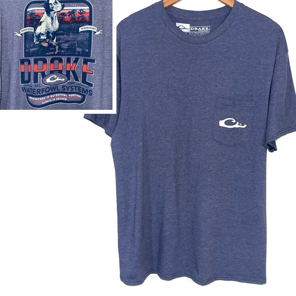 Drake Waterfowl Men’s Navy Blue Duck Hunting Dog Graphic Crew T-Shirt Size L